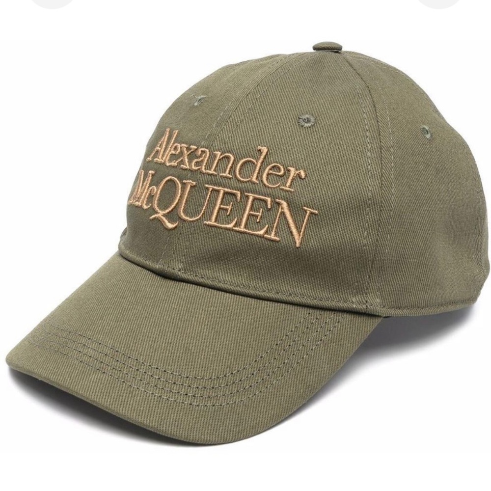 Alexander McQueen Olive Green Baseball Cap with Beige Embroidery